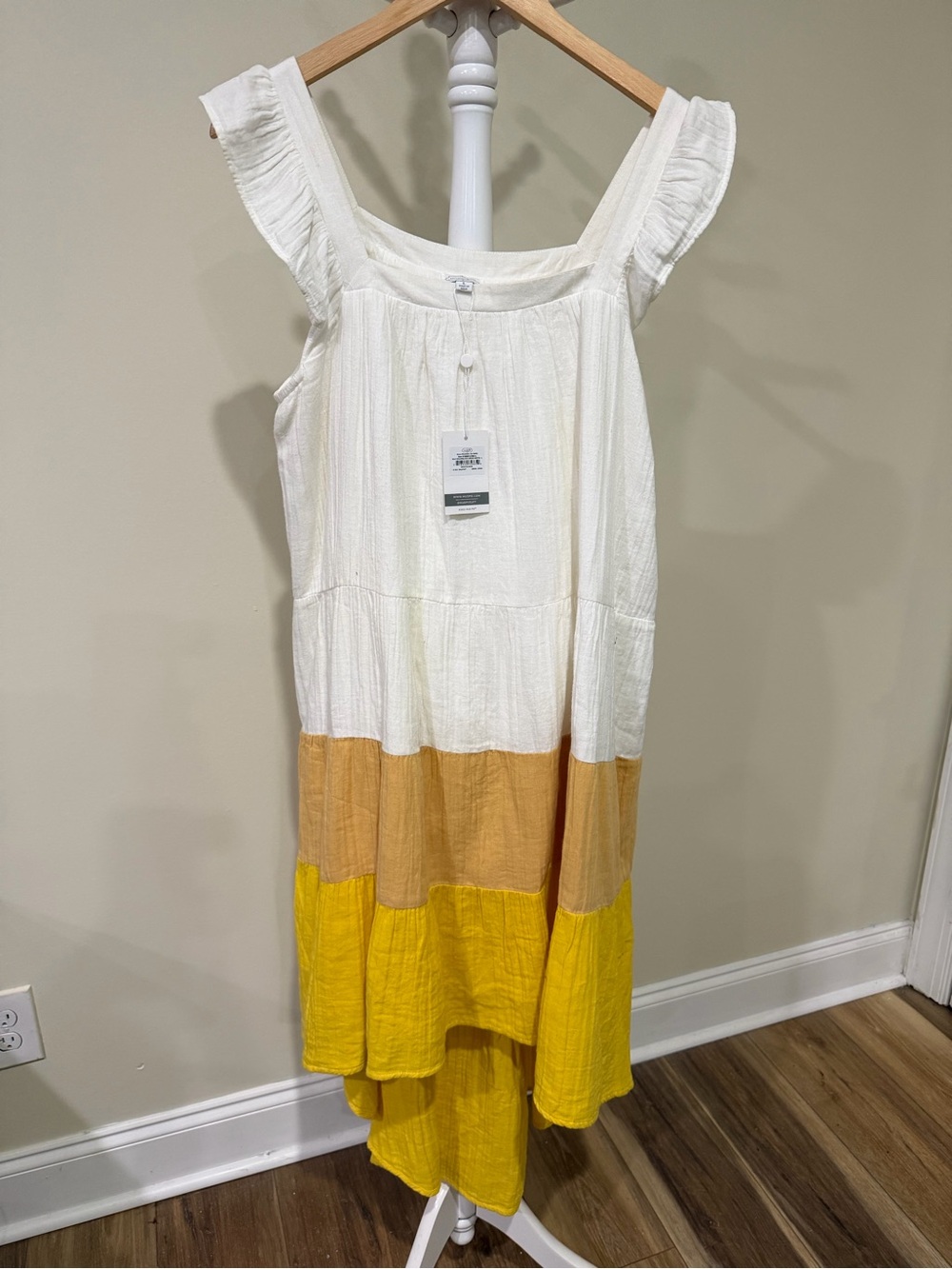 Mud Pie Large Tiered Midi Dress in White, Mustard & Yellow Sleeveless
